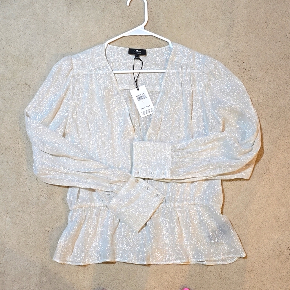 Seven for All Mankind silver metallic v-neck blouse size L with 3 button cuff